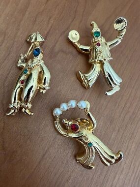Set of 3, Gold Clown Brooch Set with Multicolor Stones and Pearls